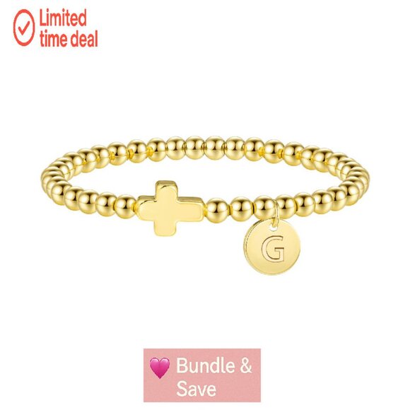 Gold Cross Initial Bracelet Dainty Stretch 6.5in Religious Jewelry Gift - Picture 1 of 8